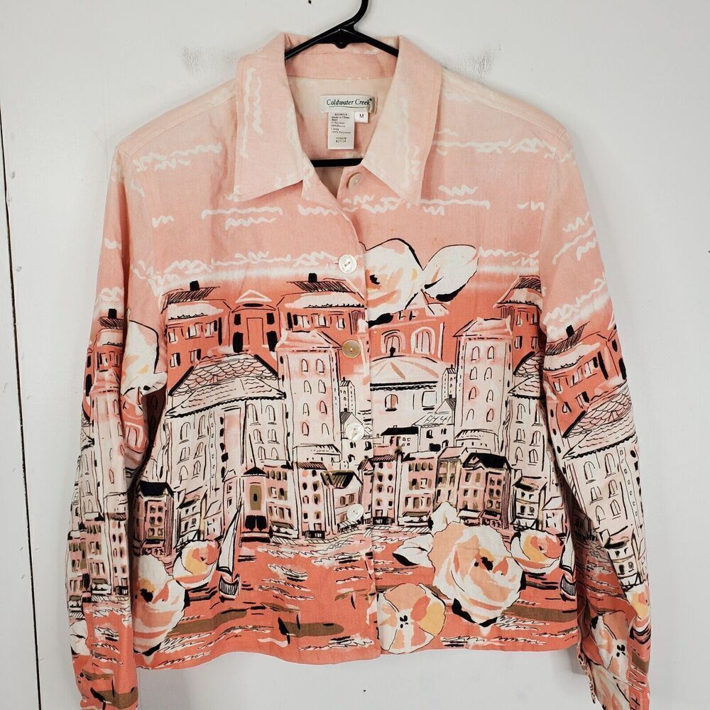 Coldwater Creek Jacket Womens M Linen City Water Unique Novelty Pink Granny